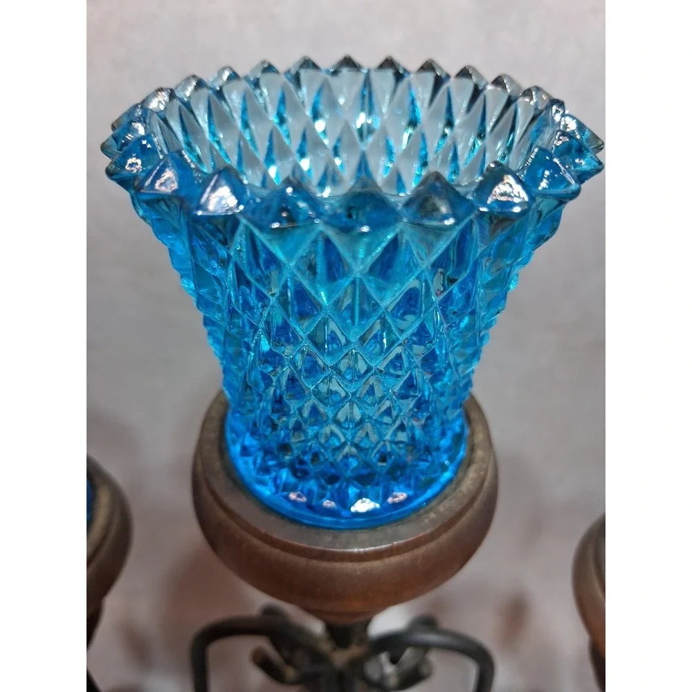 VTG Homco 5 Arm Metal Wood Candelabra With Teal Glass Votive Cups